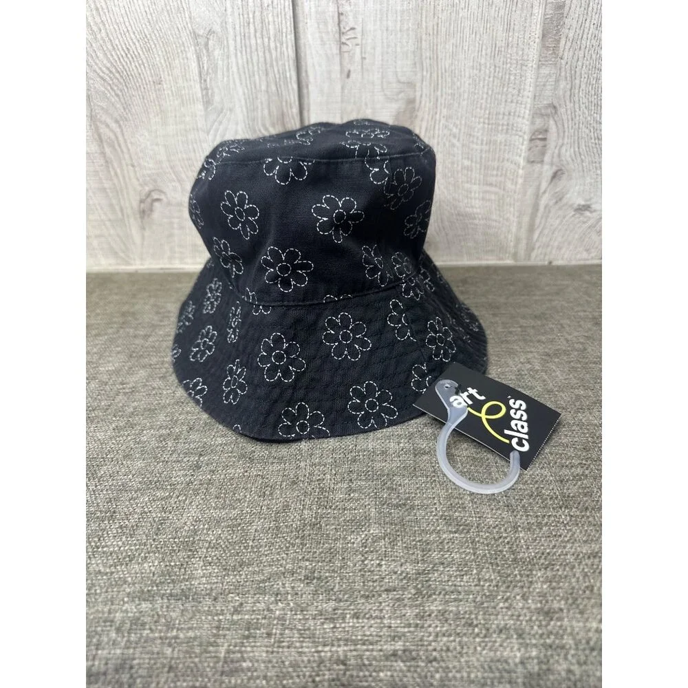 Art Class Black Embroidered Floral Bucket Hat 100% Cotton Lightweight All Season - Picture 3 of 4